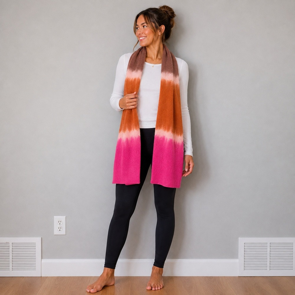 Lucky Brand Lambswool Scarf Pink Orange Brown Ombre Dip Dye Ribbed Knit RN111930